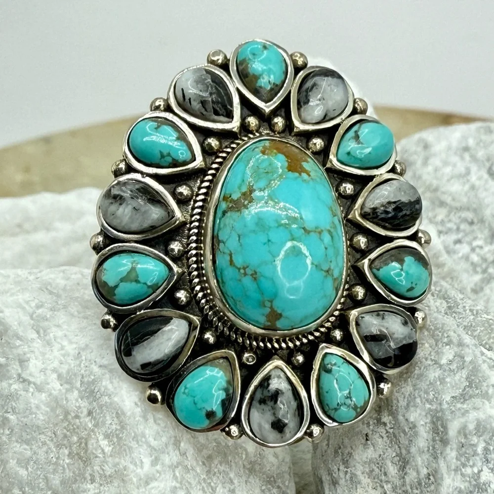 NWT Sierra Nevada Turquoise & White Buffalo Halo Ring 12.90ctw Sterling Silver 8